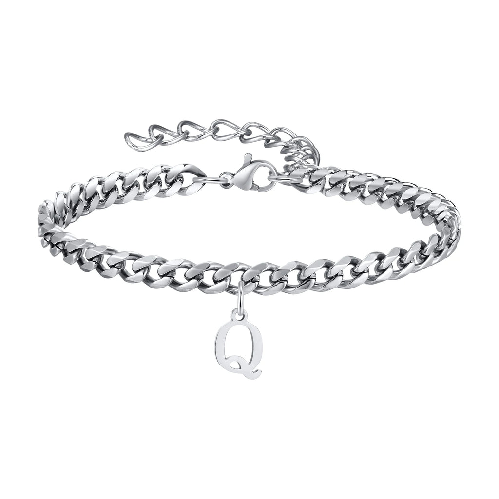 Vnox A-Z Initial Bracelets for Men Women, Never Fade Silver Color Stainless Steel Cuban Chain Bracelet with 26 Letter