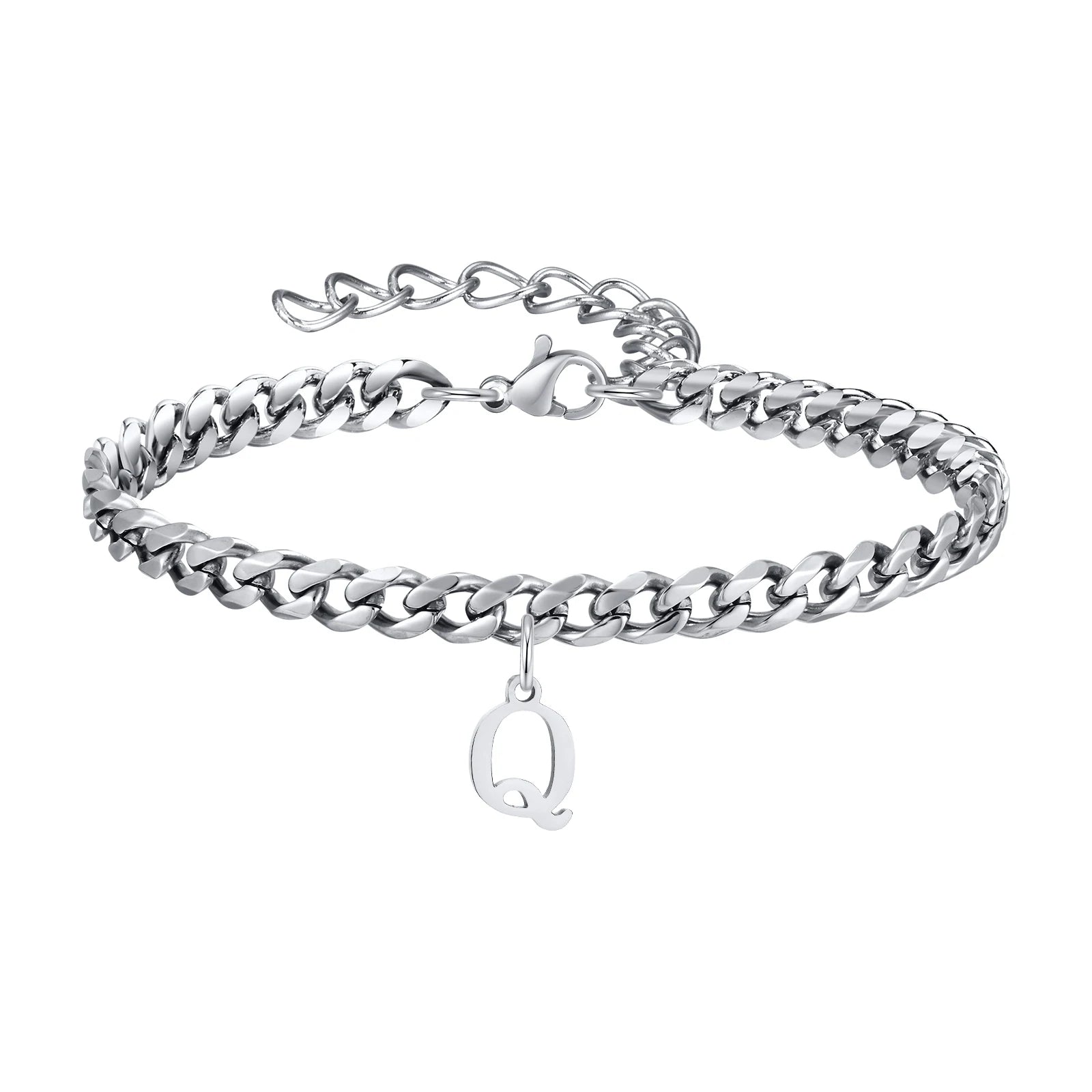 Vnox A-Z Initial Bracelets for Men Women, Never Fade Silver Color Stainless Steel Cuban Chain Bracelet with 26 Letter