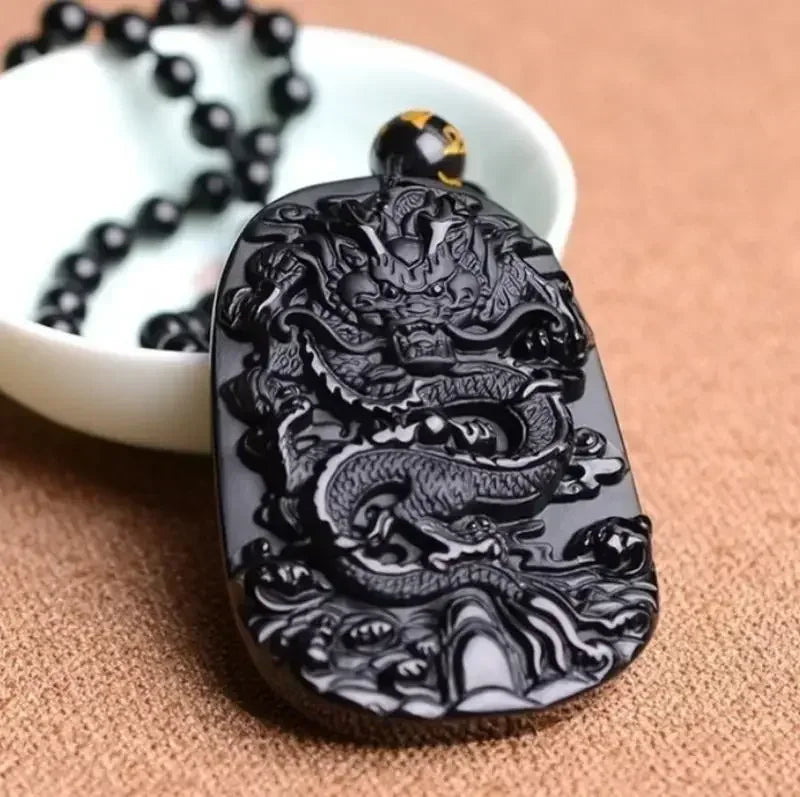 Obsidian Gossip Pendant Necklace Carving Dragon and Phoenix Shape Lucky Amulet Jewelry Six-Character Mantra Pearl