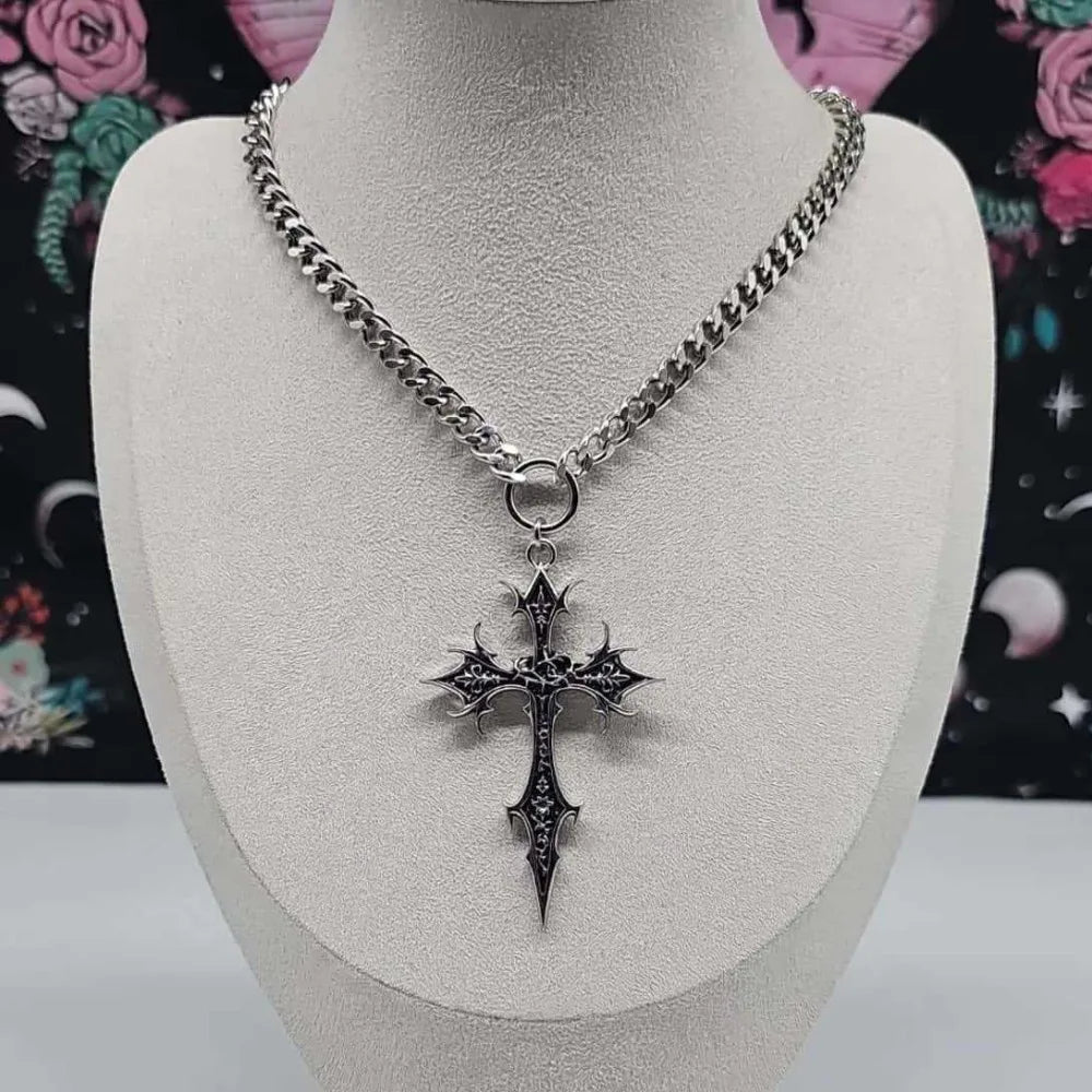 Gothic Rose Cross Pendant Choker Necklace — Stainless Steel