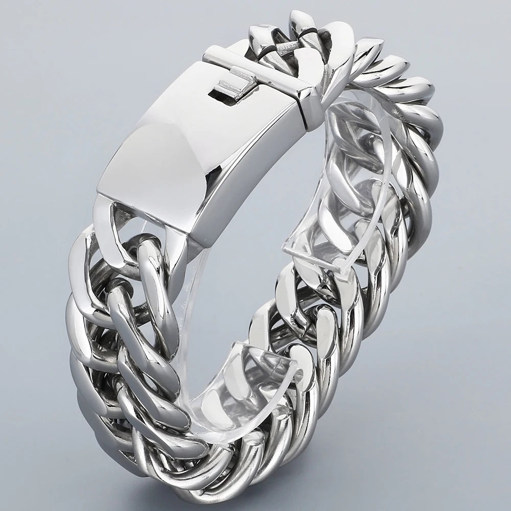 Cool 17MM Width Curb Cuban Link Chain Bracelet for Man Polished Stainless Steel Men's Bracelets Punk Rock Jewelry