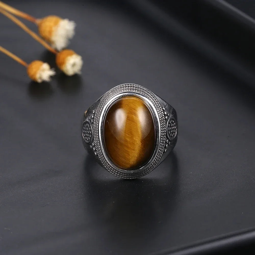 Silver Plated Rings Large Natural 10x14MM Black Agate Ring for Women Men Silver Party Jewelry Tiger Eye Turquoise Lapis