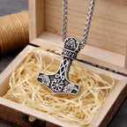 Fashion Valknut Viking Thor's Hammer Pendant Necklace With keel Chain As Men Gift with wooden box