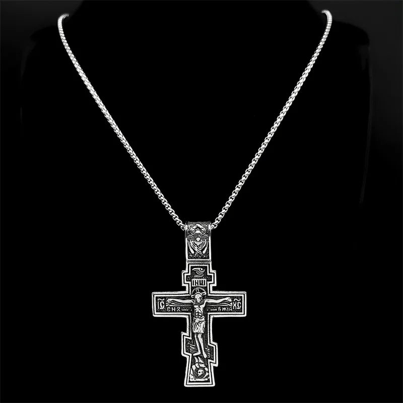 Eastern Orthodox Cross Jesus Pendant Necklace For Women Men Stainless Steel Silver Color Dark Punk Male Chain Jewelry