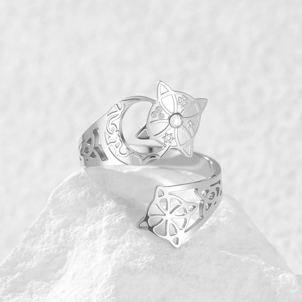 Wicca Crescent Moon Cat Ring Hollow Celtic Knot Witchcraft Star Crystal Inlaid Adjustable Stainless Steel Pagan Protection Ring