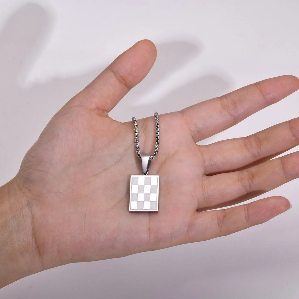 Mprainbow Men's Square Checkerboard Necklace,Waterproof Stainless Steel Checkered Geometric Pendant Collar Birthday Gift Jewelry