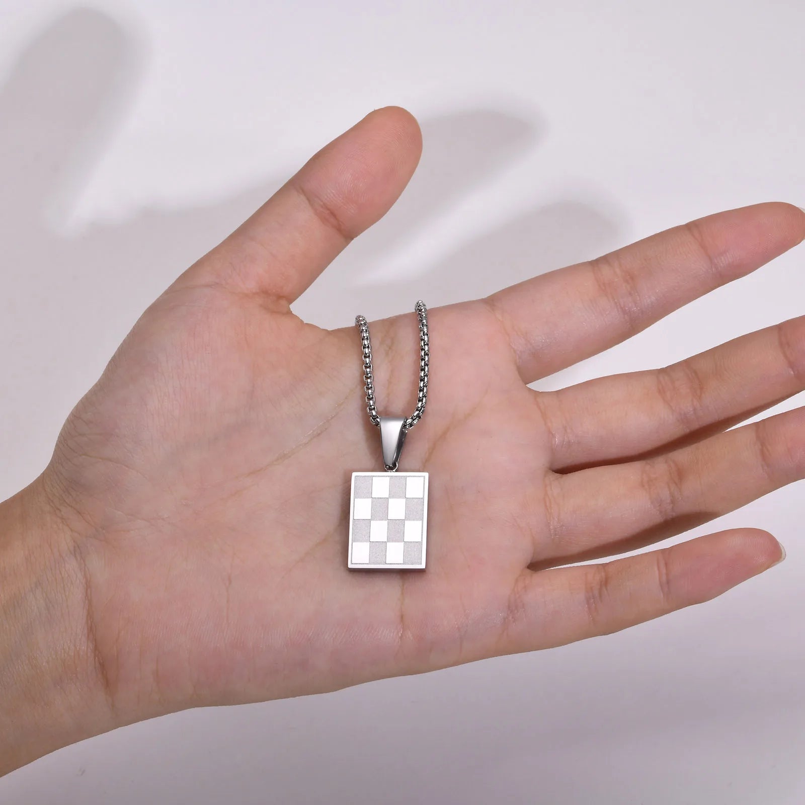 Mprainbow Men's Square Checkerboard Necklace,Waterproof Stainless Steel Checkered Geometric Pendant Collar Birthday Gift Jewelry