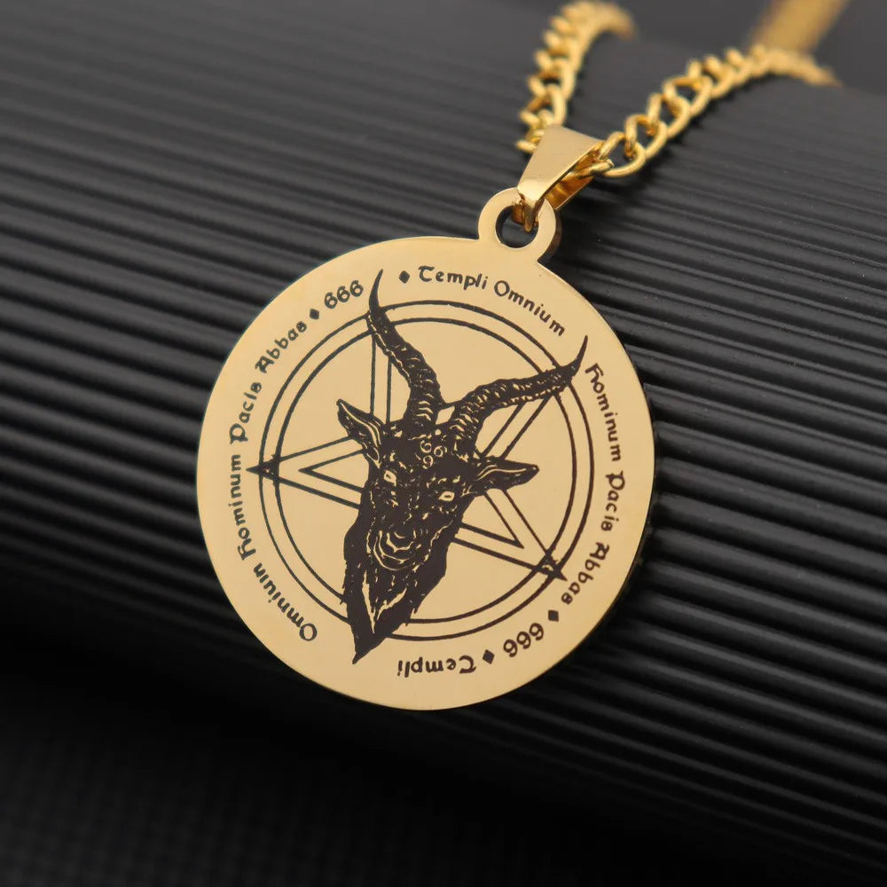 Satan Goat Head Round Stainless Steel Pendant Necklace Vintage Personality Men Pendant Neck Chian Jewelry Fashion Accessories