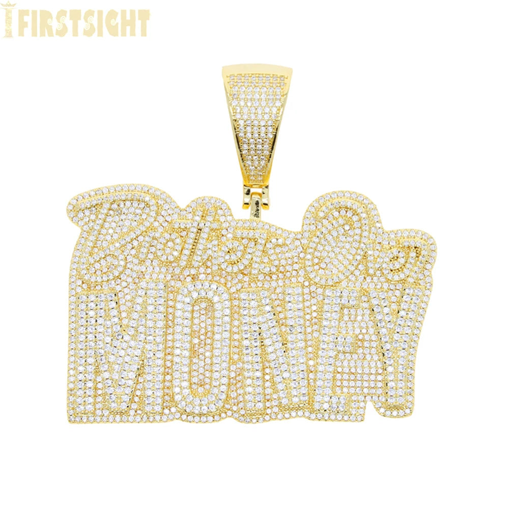 New Hip Hop Money Pendant Necklace Gold Color Iced Out Bling CZ Cubic Zirconia Letters Rich Dollar Charm Men Women
