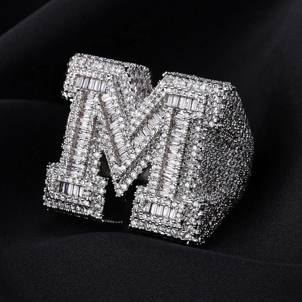 Iced Out M Letter Ring Stainless Steel Statement