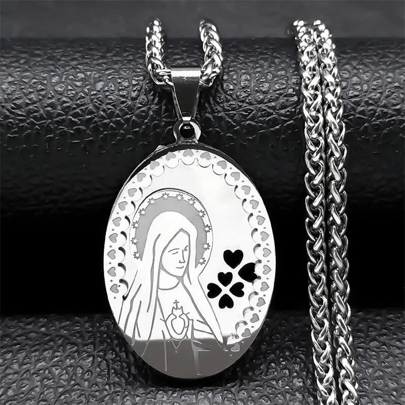 Double Layer Stainless Steel Virgin Mary Medal Pendant Necklace Women/Men Gold Color Long Chain Necklaces Jewelry