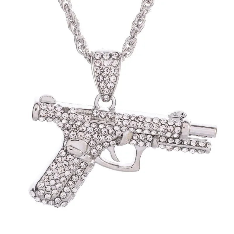 Fine Rifle Pistol Desert Eagle Pendant Luxury Gold Plated Full Ice Crystal Zirconia Necklace Gift for Men and Women