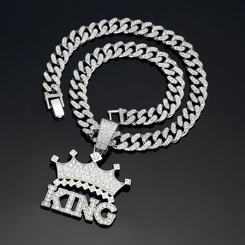 Men Hip Hop Crown with King Pendant Necklace with 13mm Crystal Cuban Chain HipHop Iced Out Bling Necklaces Fashion