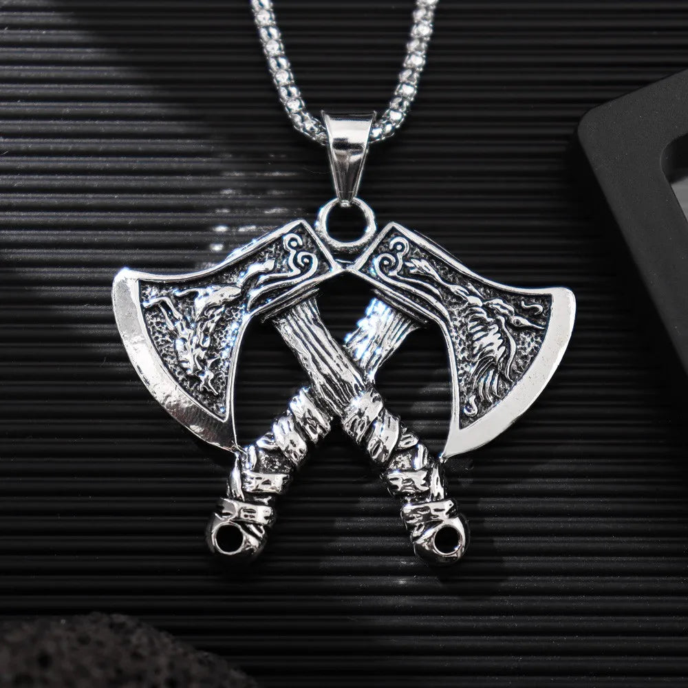 NORRON Wolf Eagle Relief Double Battle Axe Pendant Necklace Men Personality The Phoenix Viking Axe Alloy Pendant Fashion Jewelry