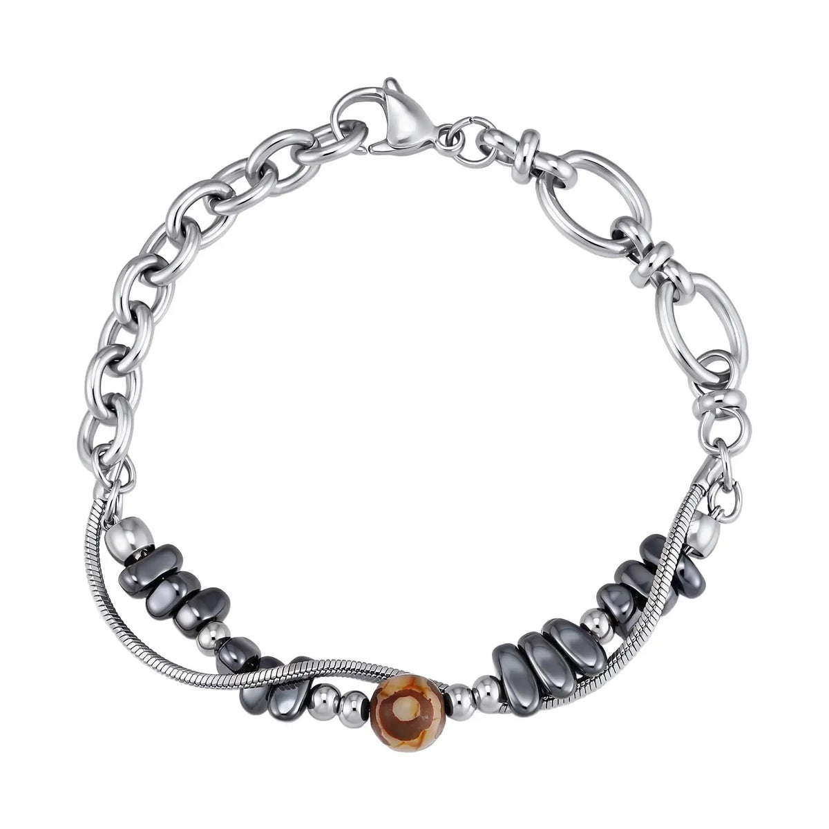 Double-Layer Black Natural Stone Bead Bracelet — Stainless Steel