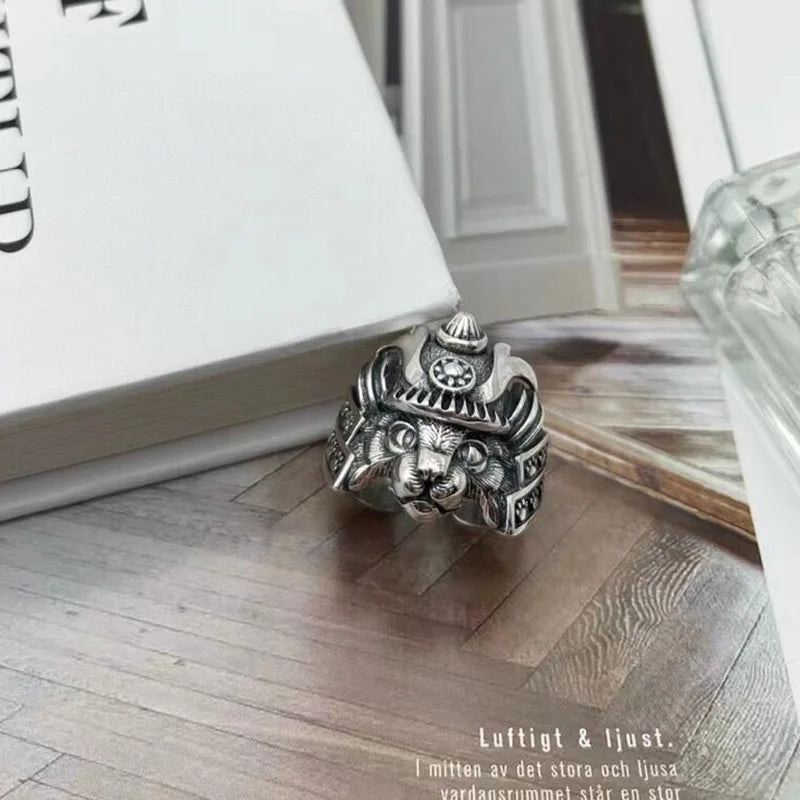 Gothic Samurai Cat Open Ring, Silver-Tone — Zinc Alloy