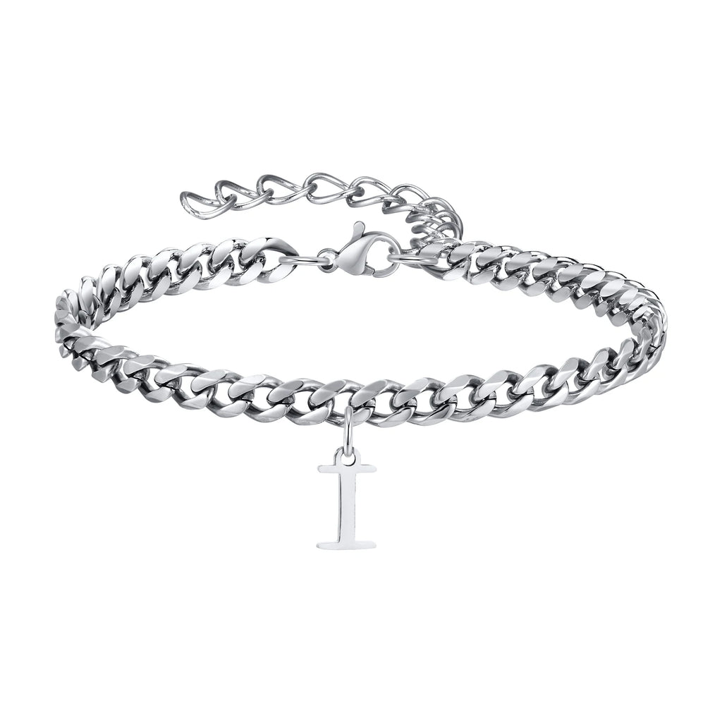 Vnox A-Z Initial Bracelets for Men Women, Never Fade Silver Color Stainless Steel Cuban Chain Bracelet with 26 Letter