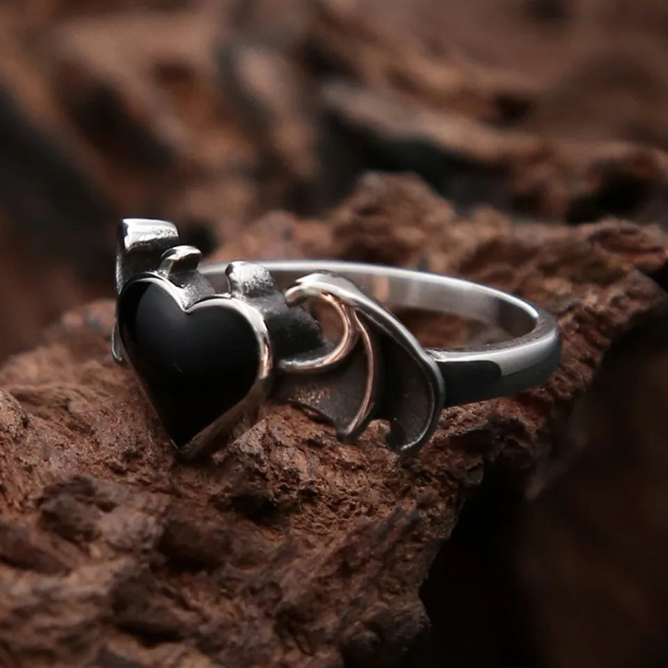 Heart Demon Black Ring Vintage Angel Wings Gothic