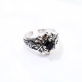 Sword & Rose Black Zircon Open Ring — Silver