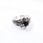 Sword & Rose Black Zircon Open Ring — Silver