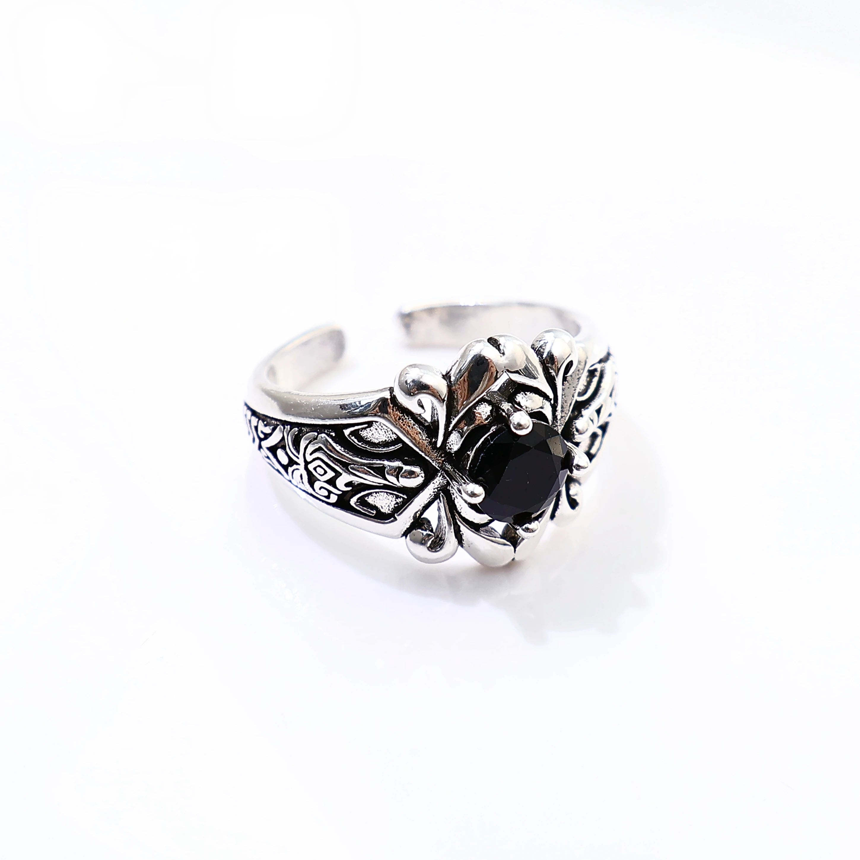 Sword & Rose Black Zircon Open Ring — Silver