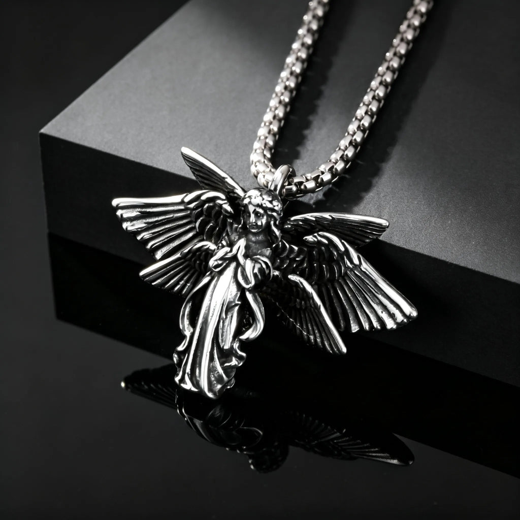 Classic Vintage Angel Wings Pendant Necklace for Men, Stainless Steel Seraph Prayer Necklace, Hip Hop Punk Jewelry