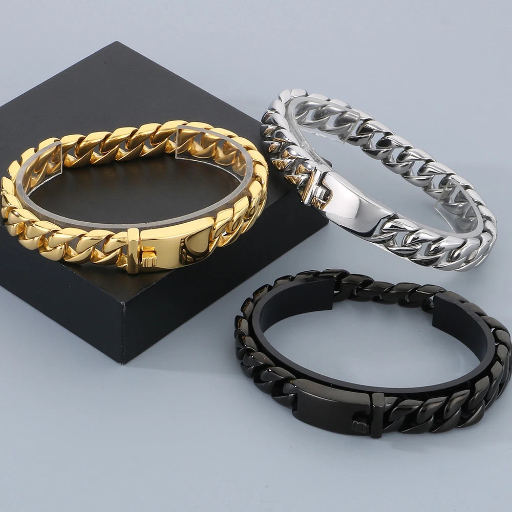 Classic 12MM Cuban Link Chain Bracelet for Man Waterproof Stainless Steel Men's Bracelets Wrist Hand Jewelry Boys Gifts
