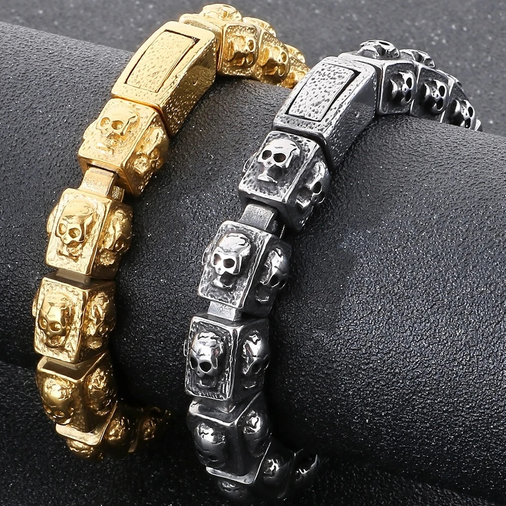 Vintage Solid Stainless Steel Bracelet for Man Men's Skeleton Jewelry Accessories 14MM Width Skull Face Head Chain
