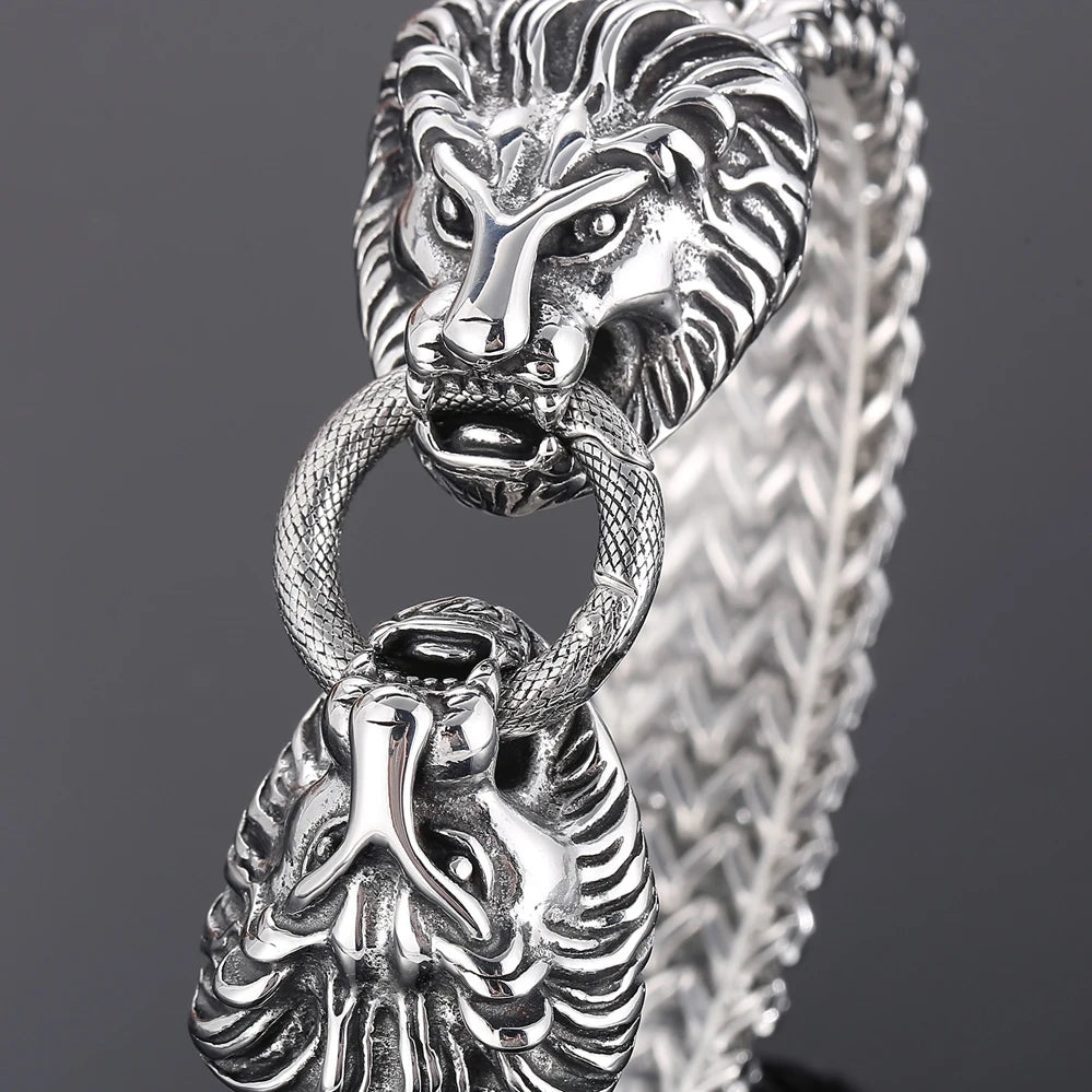 Massive Lion Skull Head Bracelet for Man Stainless Steel 18MM Wide Square Franco Chain Men's Bracelets Animal Wrist