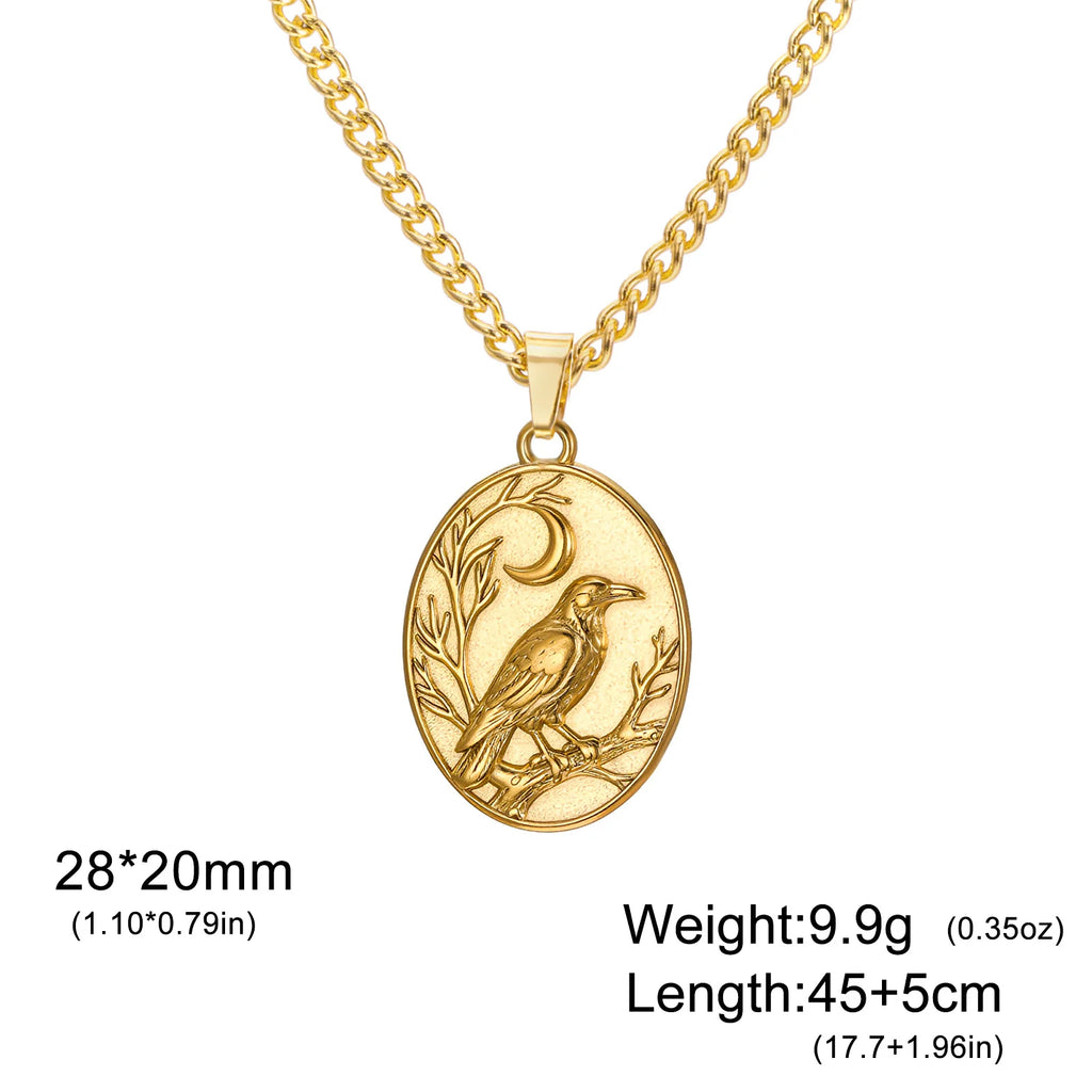 Skyrim Raven Crescent Moon Oval Pendant Necklace Stainless Steel Gothic Witchcraft Amulet Neck Chain for Men Women Jewelry Gift