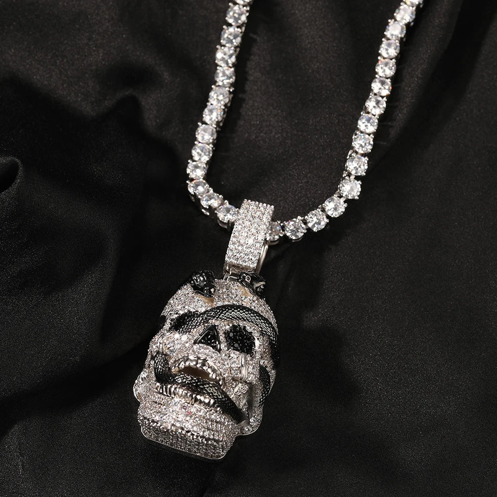 THE BLING KING Iced Out Ghost Skull Head Black Snake Arround Pendant Necklace For Men White Gold Plated Charm Hip Hop Jewelry