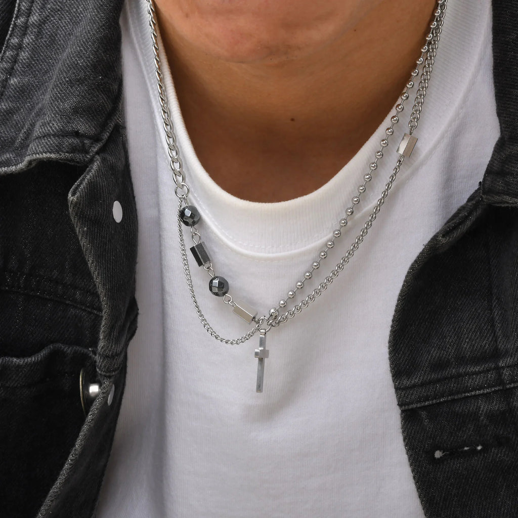 Cross Beads Chain Pendant Necklace — Stainless Steel