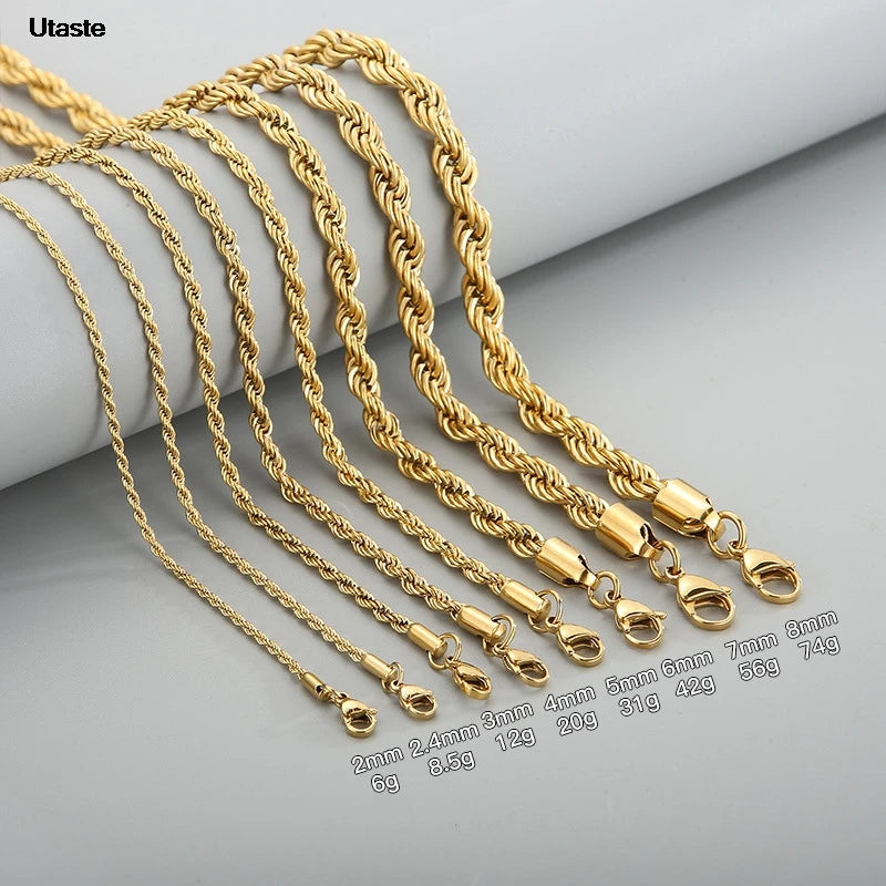 1 piece Gold Black silver Width 2mm/3mm/4mm Rope Chain Necklace/Bracelet For Men Women Man Fashion Chain Necklace