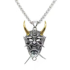 Samurai Prajna Mask Pendant Necklace — Stainless Steel