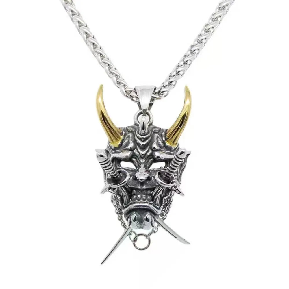 Samurai Prajna Mask Pendant Necklace — Stainless Steel