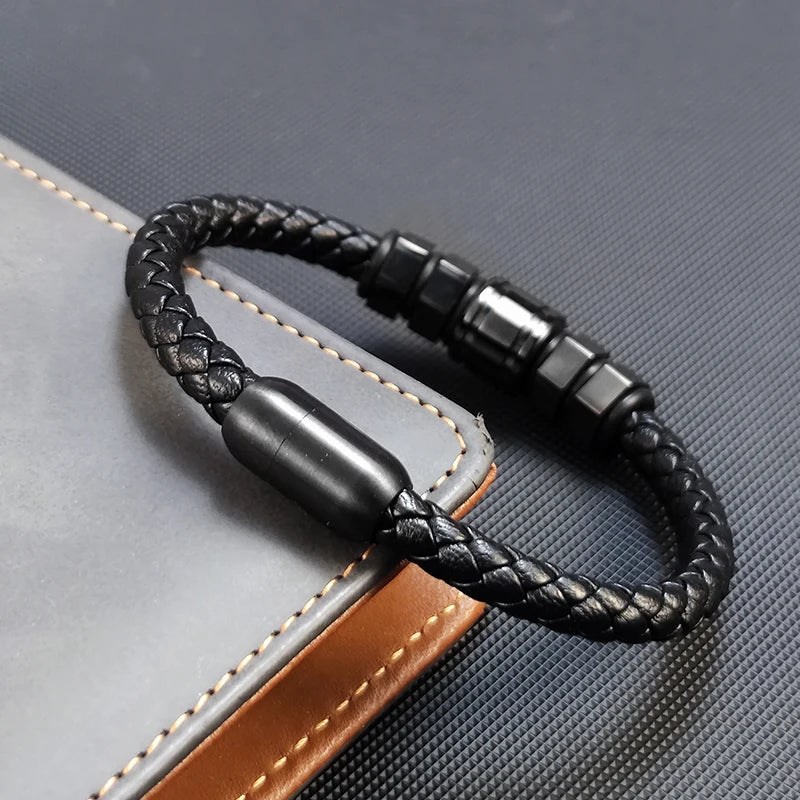 Hexagonal Leather Woven Bracelet — Stainless Steel