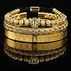 Luxury Black Stone Beads Leopard Head Man Bracelet Enamel Stainless Steel Roman Bangles Women Jewelry Set