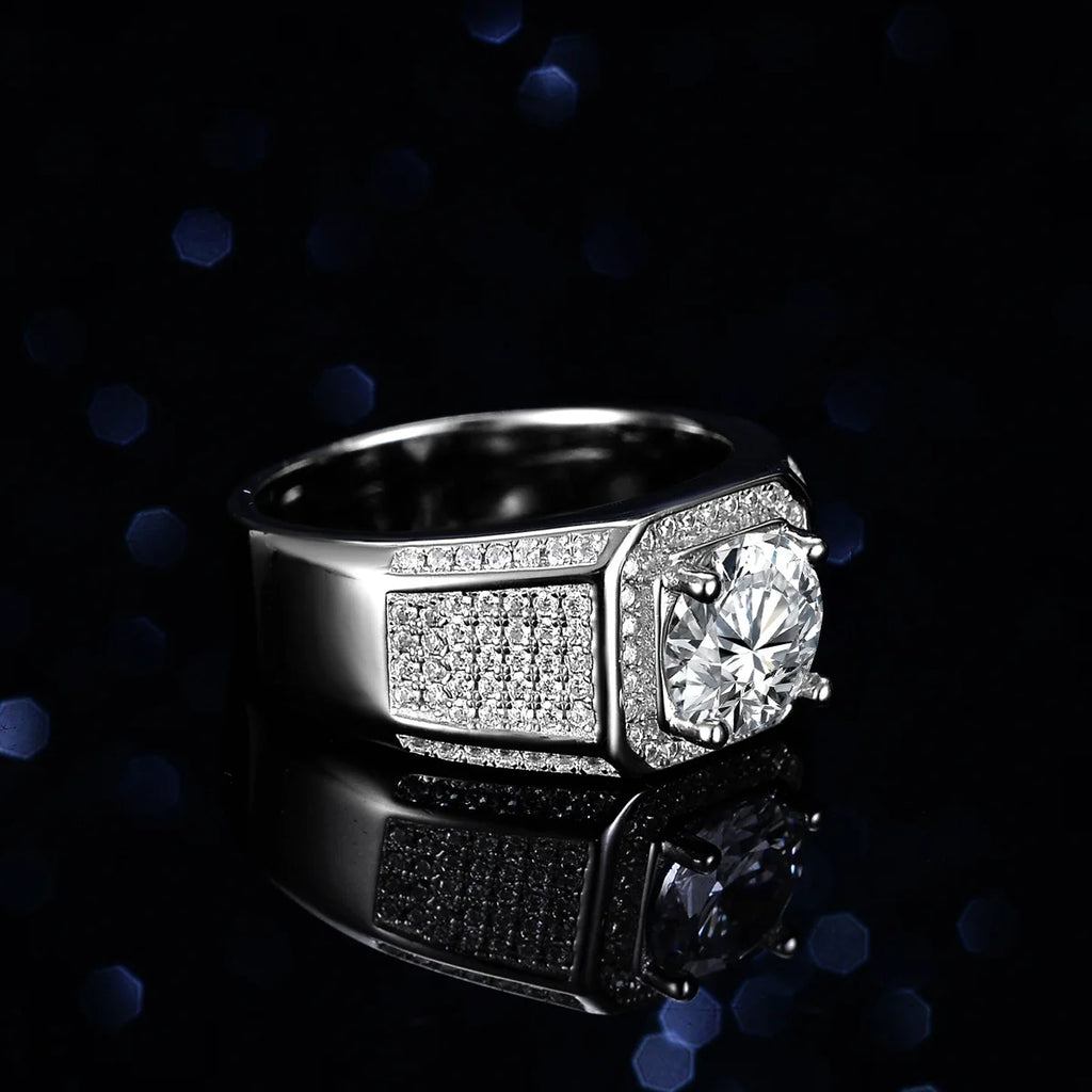 Men's Solid and Bold Boss Ring - 2 Carat Moissanite, Crafted in PT950 Platinum, Exquisite Diamond Design