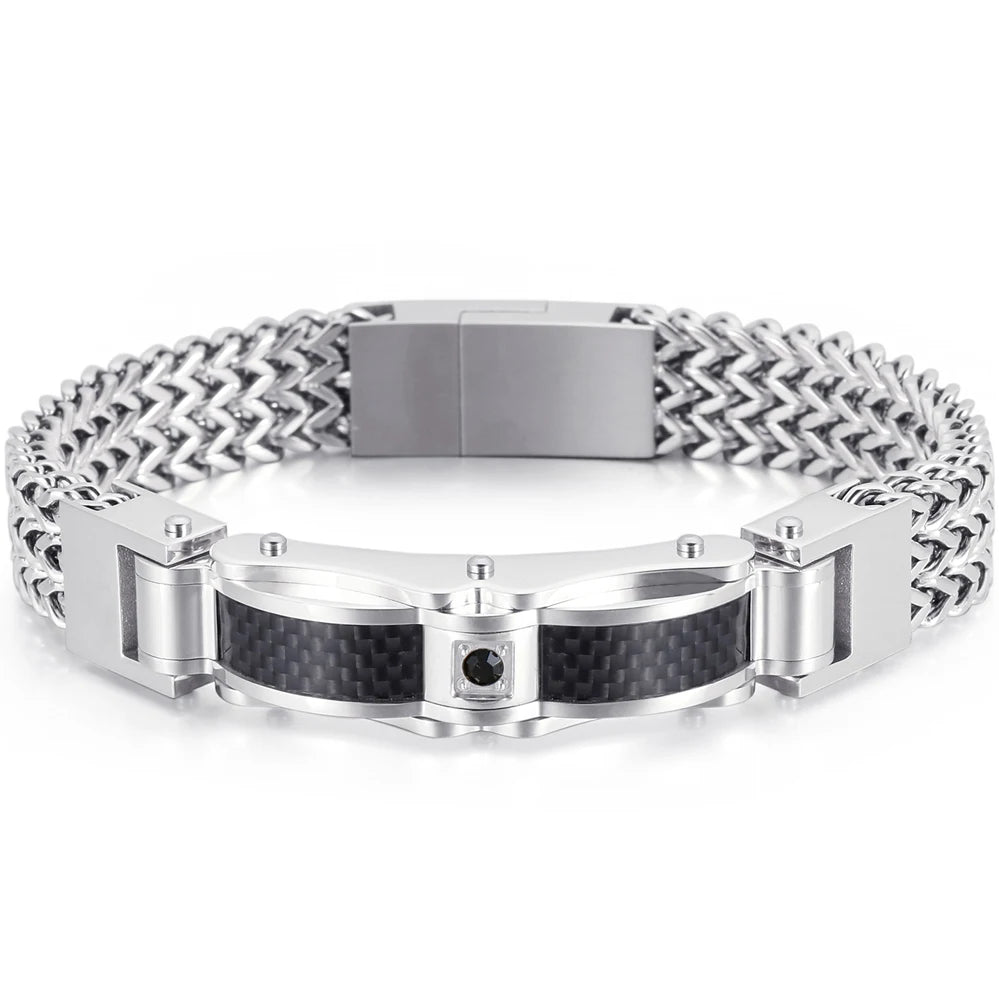 Stainless Steel Bracelet for Men 12MM Width Square Franco Link Chain Men's Bracelets With CZ & Magnet Clasp Gold Color