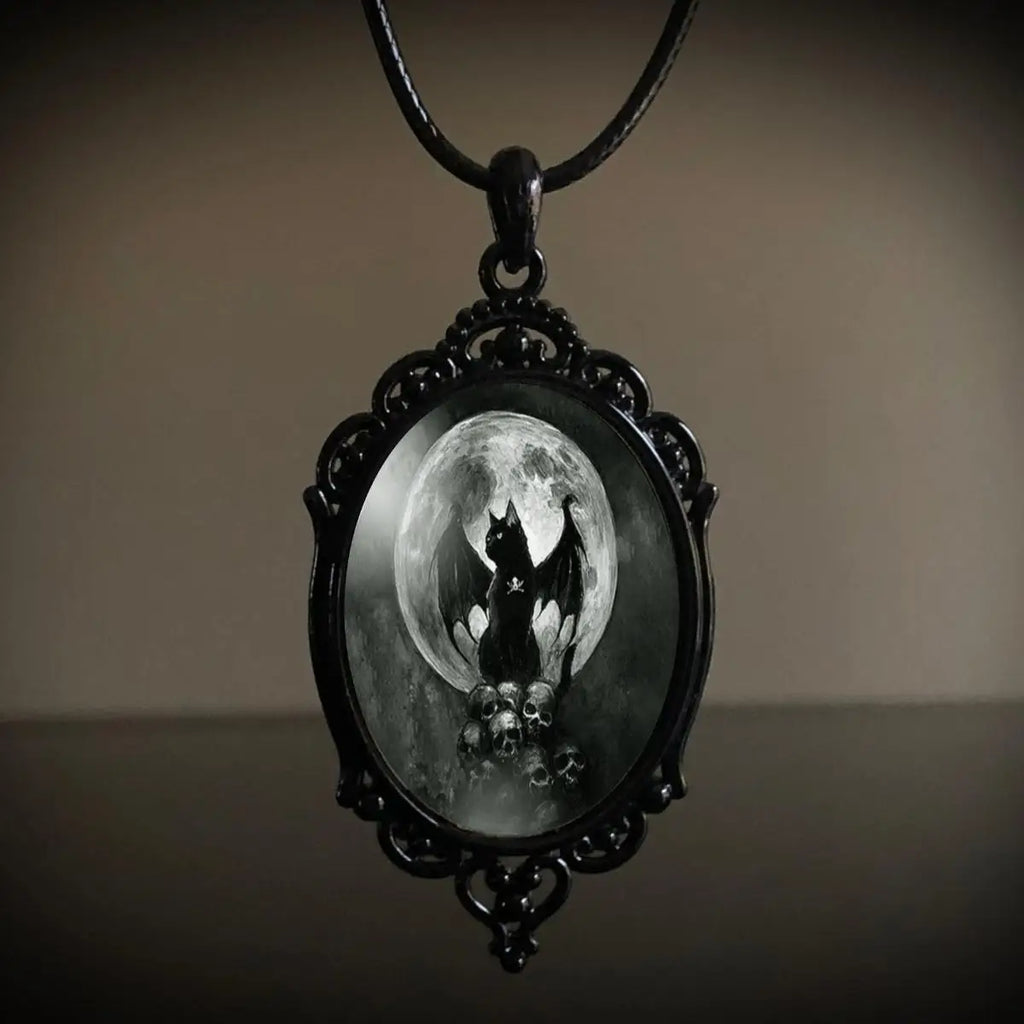 Gothic Crow Black Forest Charm Necklace Fashion Witch Jewelry Gift Pagan Cross Black Cat Skull Glass Pendant Necklace