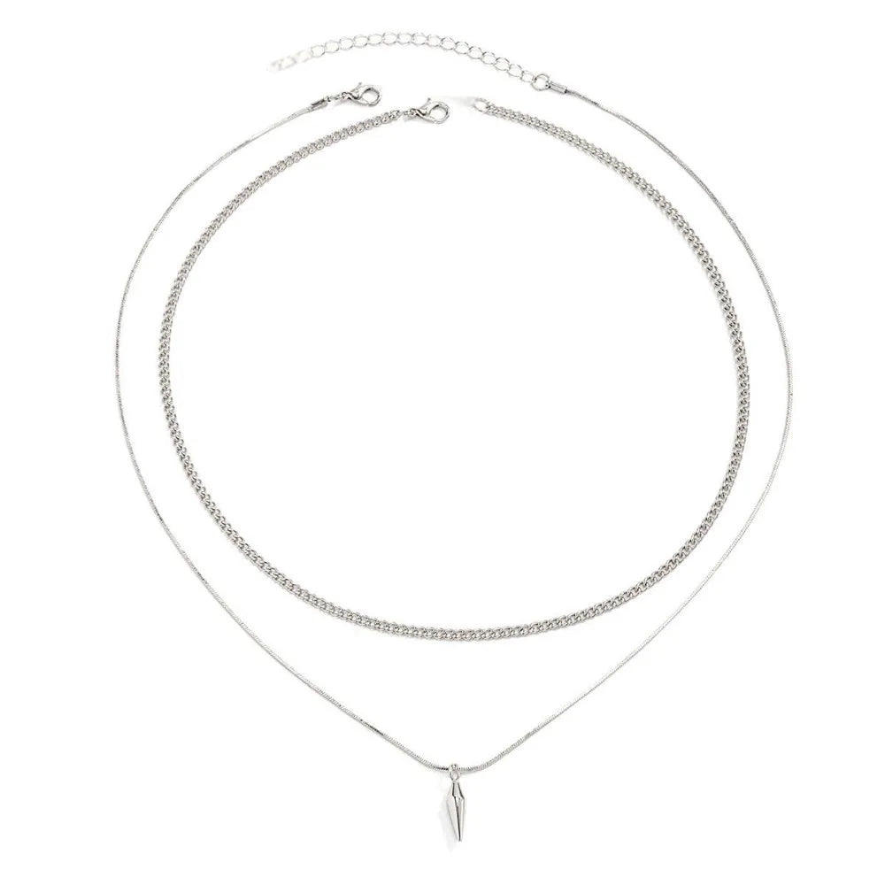 Hip-hop Fashion Double Layer Fold Wear Rivets Pendant Necklace Stainless Steel Clavicle Chain for Men Jewelry Accessories Gifts