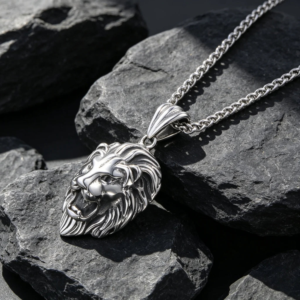 Vintage Lion Head Pendant Necklace, 60cm — Stainless Steel