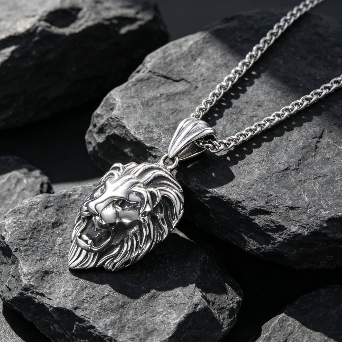 Vintage Lion Head Pendant Necklace, 60cm — Stainless Steel