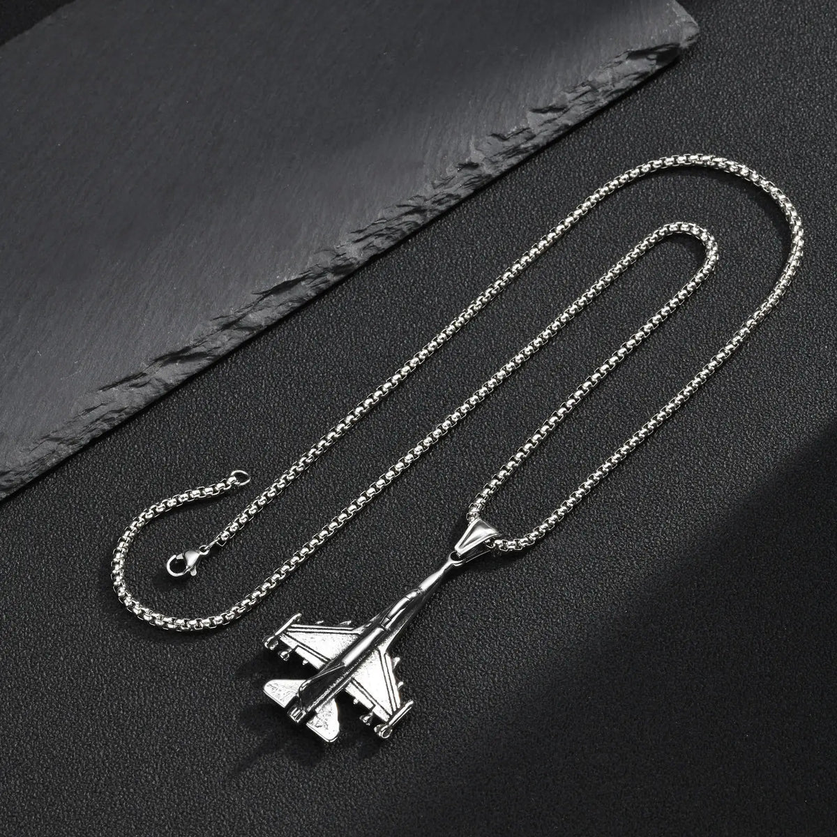 Men Stainless Steel Fighter Jet Pendant Necklace Silver Color Airplane Chain Punk Hip Hop Aviation Enthusiast Jewelry Gift