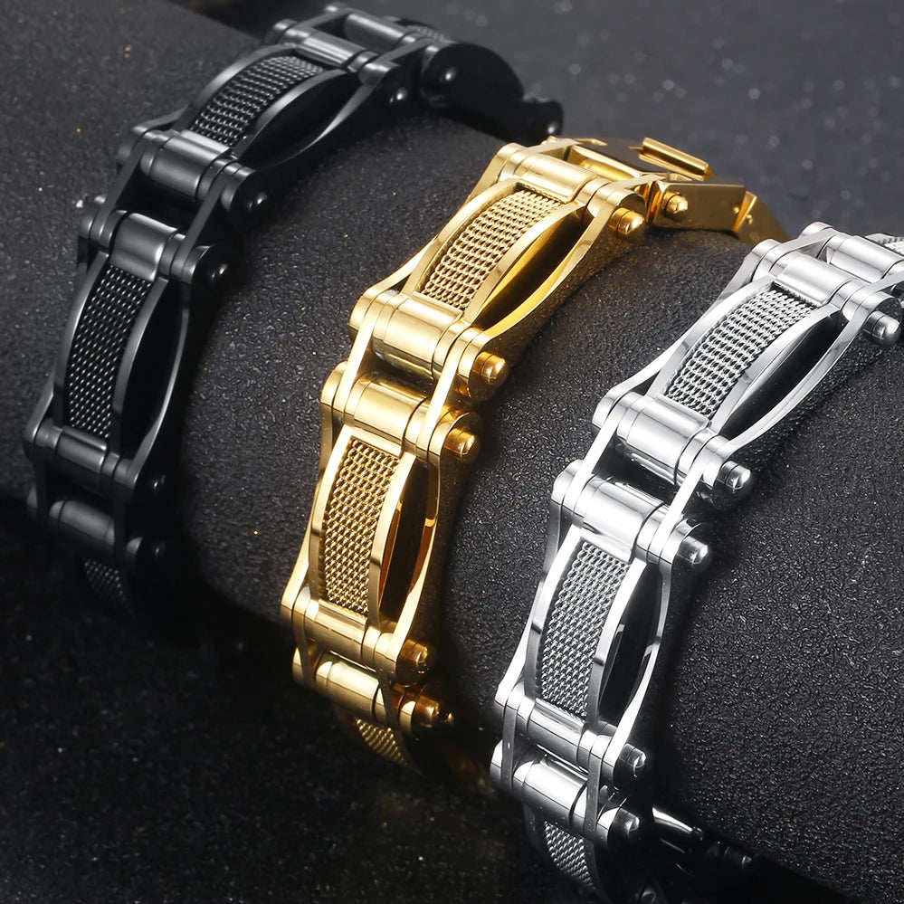 Cool Black Gold Color Bracelet for Man 15MM Width Stainless Steel Chain Men's Wrist Arm Jewelry Birthday Gifts for Boys