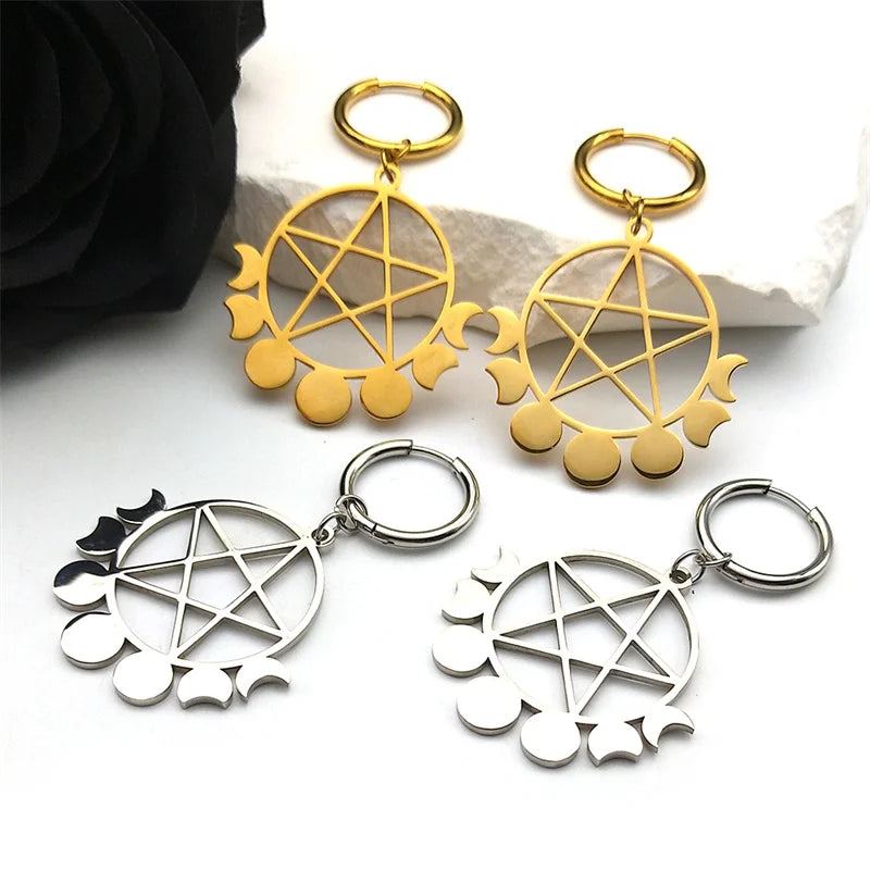 Star Moon Gold Earrings Goth Witchcraft Satan