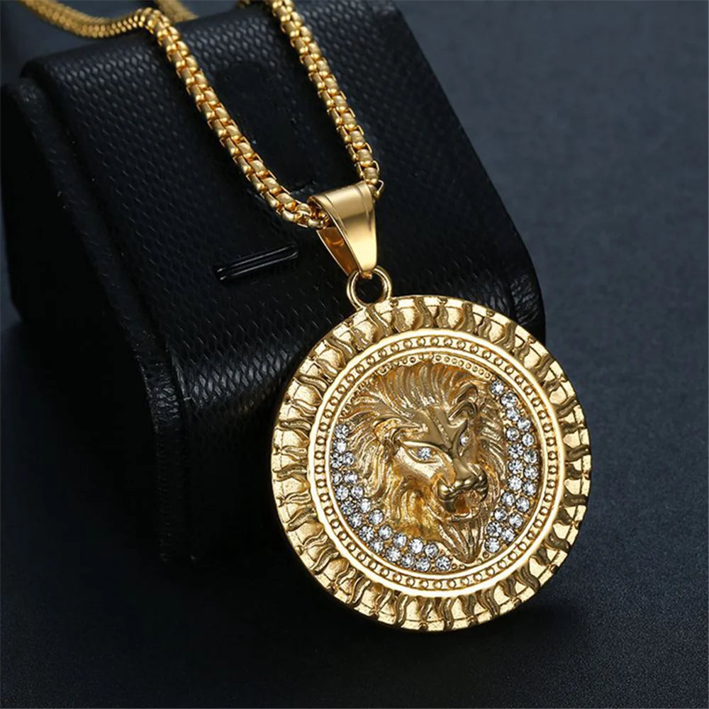 Iced Out Lion Head Round Pendant — Two-Tone