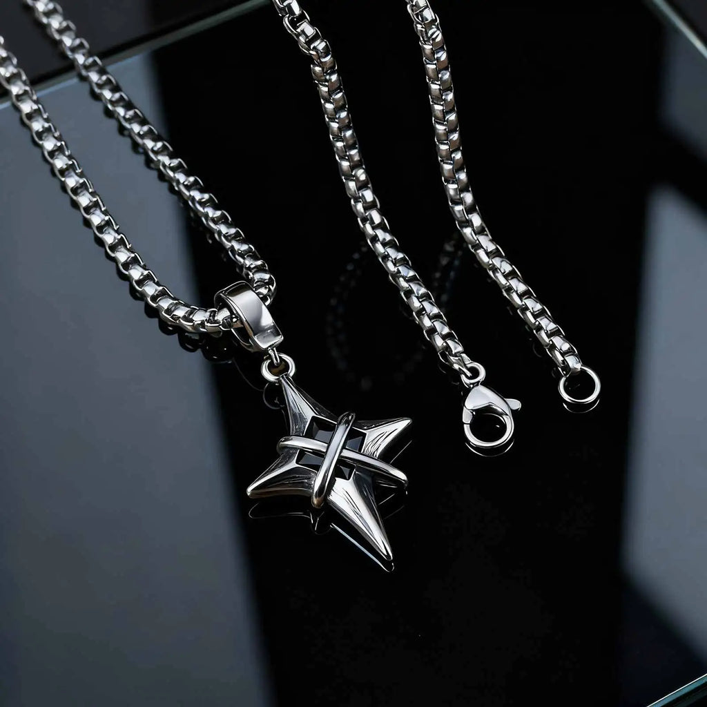 Minimalist Fashion Black Zircon Star Cross Pendant Stainless Steel Necklace for Men, Punk Hip Hop Jewelry Gifts
