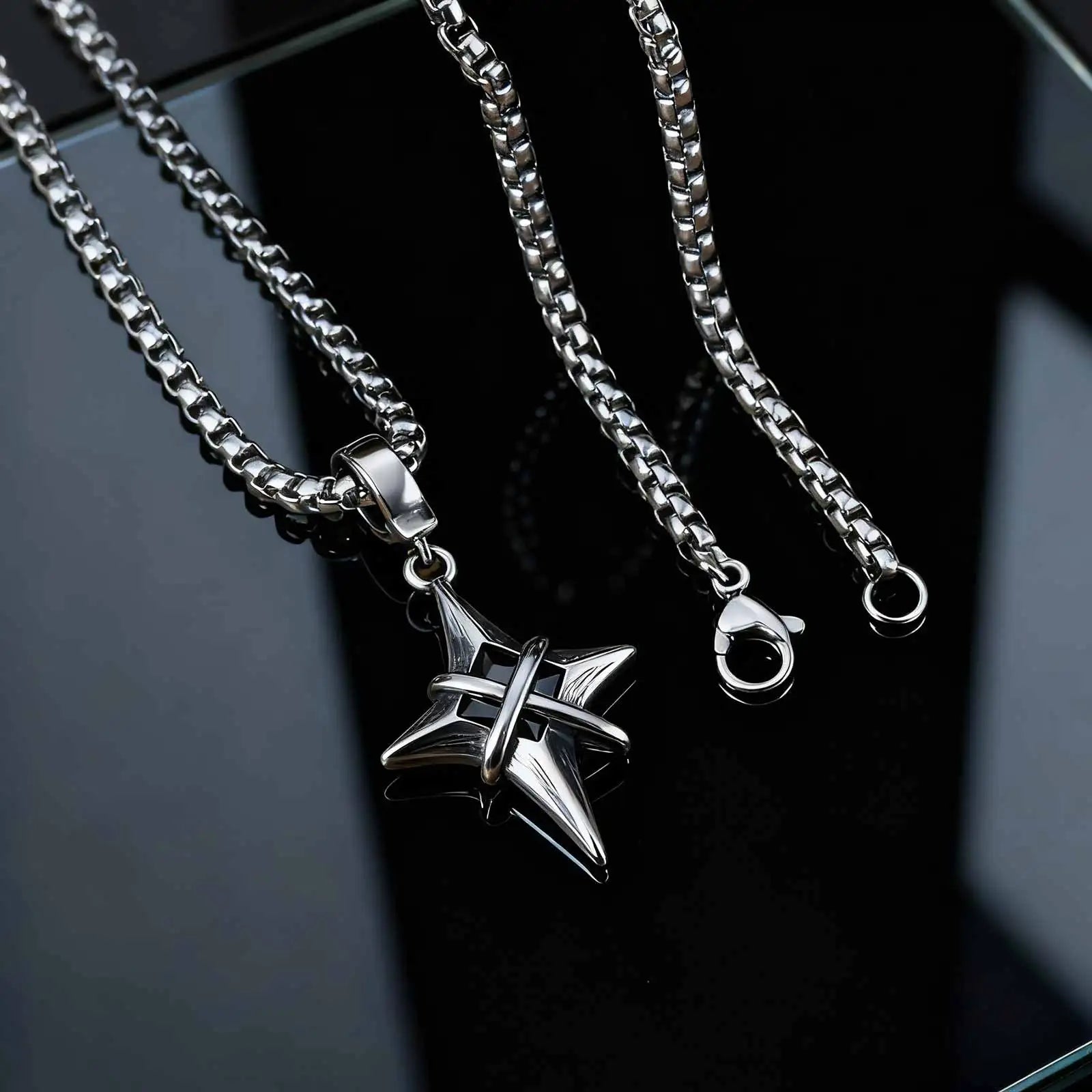 Minimalist Fashion Black Zircon Star Cross Pendant Stainless Steel Necklace for Men, Punk Hip Hop Jewelry Gifts