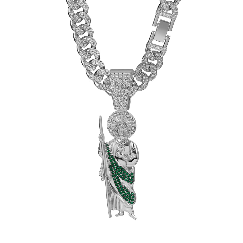 Men Women Hip Hop Saint Jude Pendant Necklace,13mm Cuban Chain Religious Saint Jude Idol Pendants Charm Jewelry 2025 New Arrived